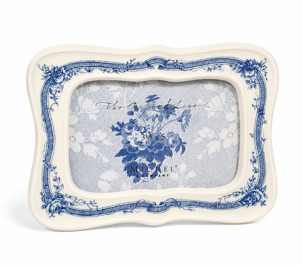 Michel & Co Ceramic Picture Frame Scallop Edge Blue Floral Toile Shabby Chic